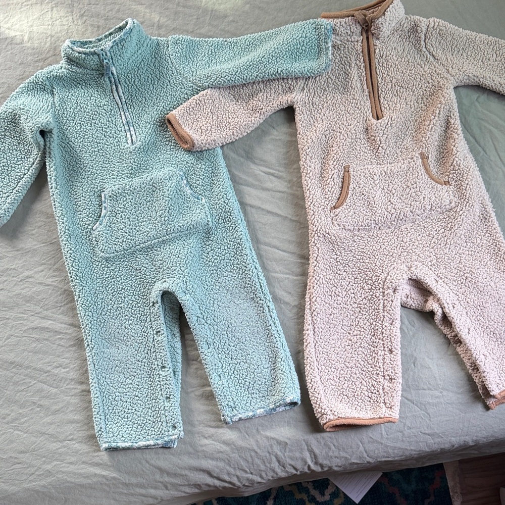 Cozy Sherpa Baby Jumpsuits in Blue and Cream Bundle